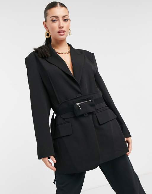 Forever U oversized blazer with utility belt in black