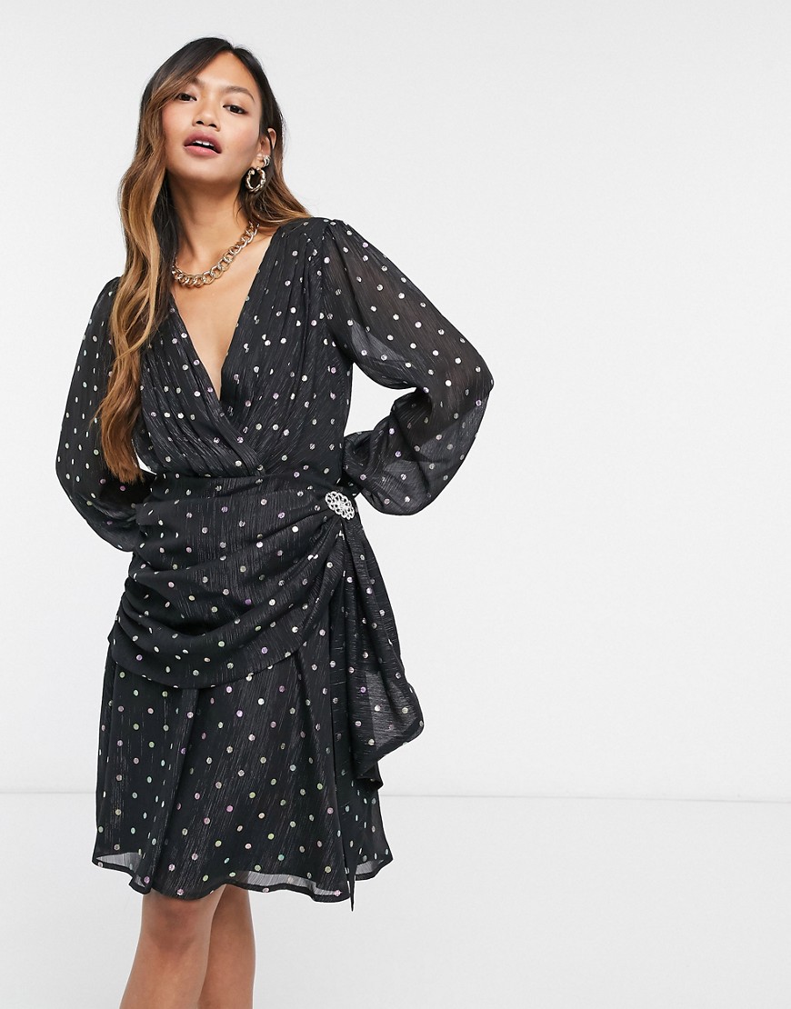 Forever U polka dot wrap mini dress with gold clasp in black