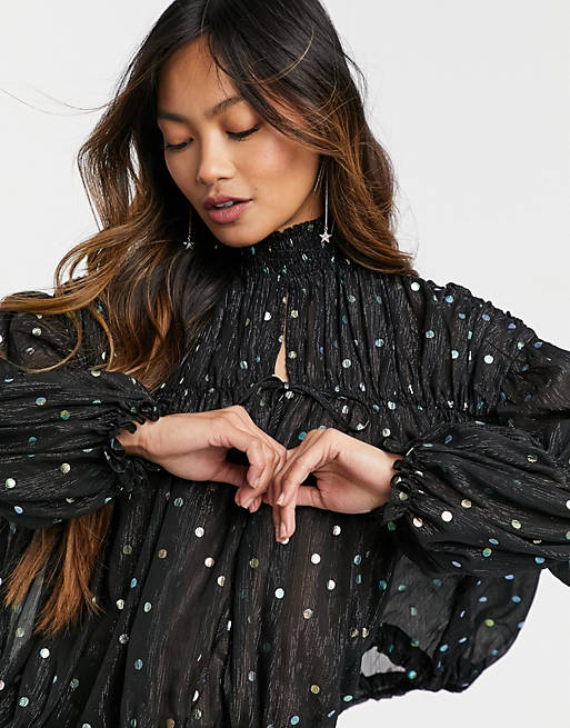  Forever U puff sleeve high neck top with gold spots in black 