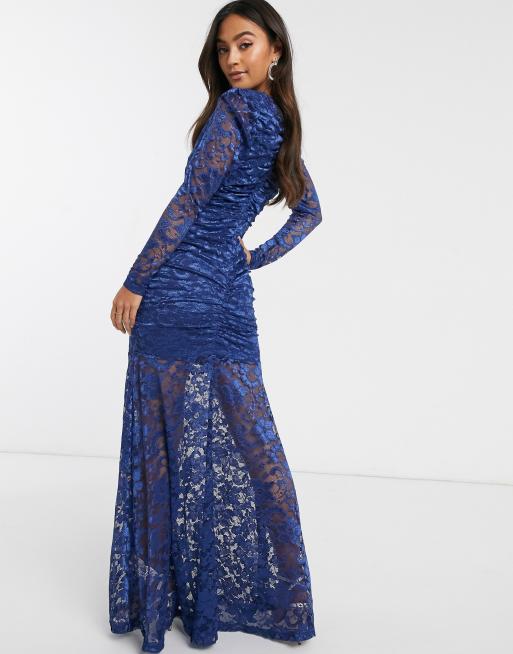 Forever U Robe longue en dentelle transparente Bleu marine