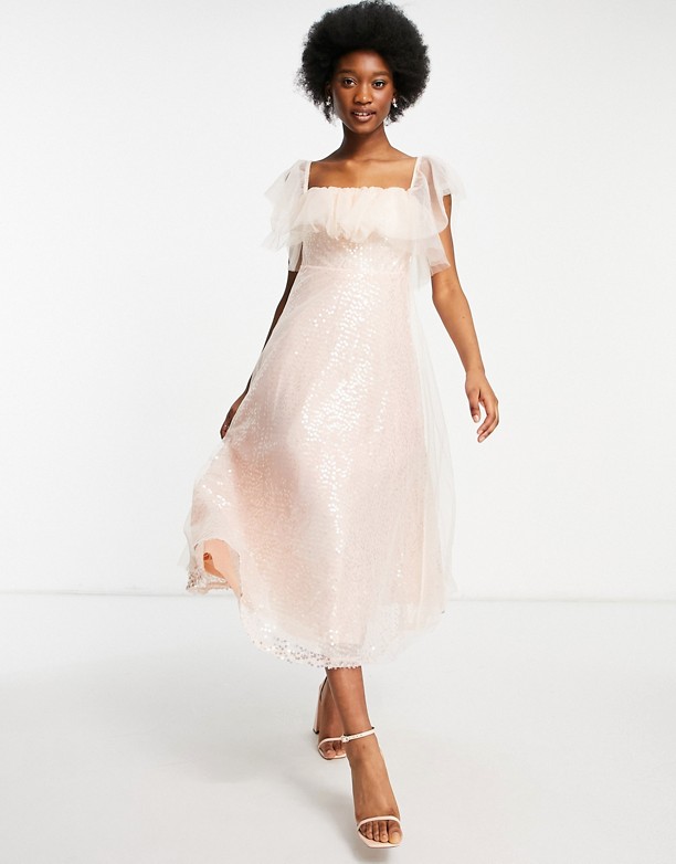 Forever U – RÓżowa sukienka midi z organzy zdobionej cekinami z dekoltem typu bardot RÓżowy Bardzo Tani 