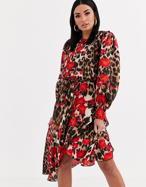 Forever U satin midi wrap dress with ruffle detail in floral animal print