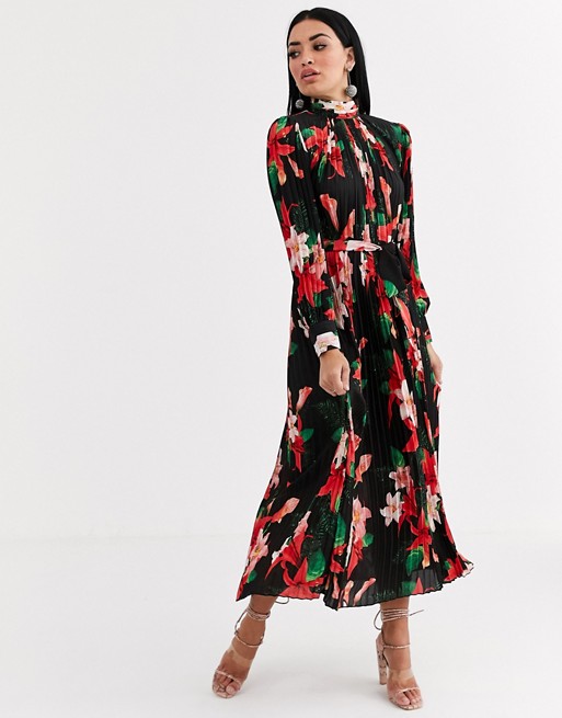 Forever U satin pleated midaxi dress in dark floral