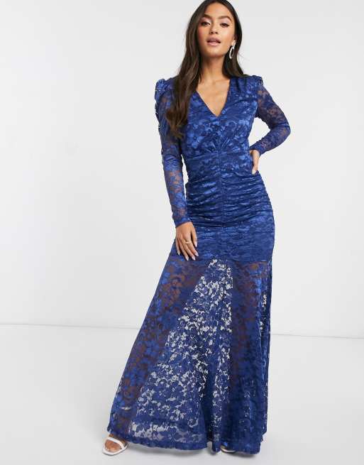 Blue Lace Maxi Dress - Navy Blue Dress - Plunging Dress