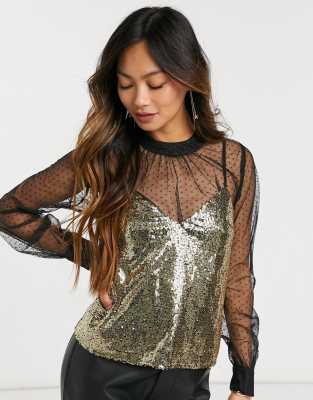 Forever U textured mesh long sleeve top with sequin cami in black and gold