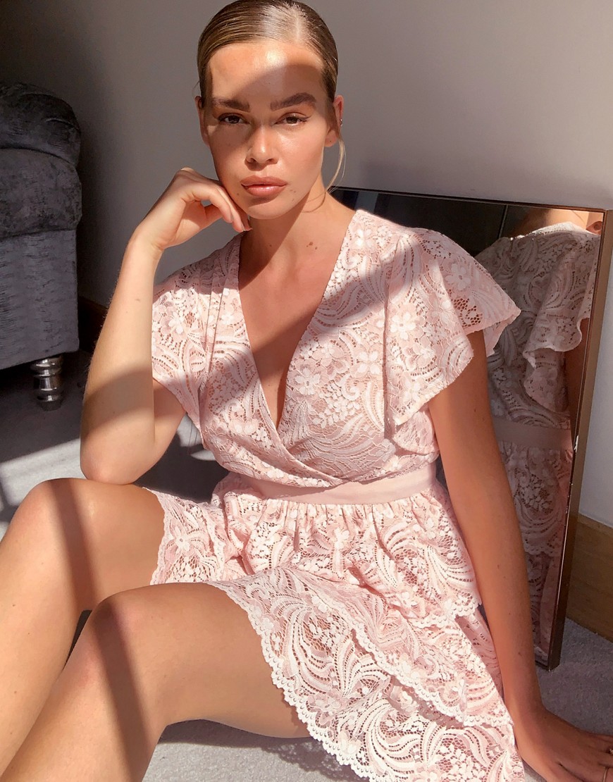 Forever U Tiered Lace Mini Dress In Blush-pink