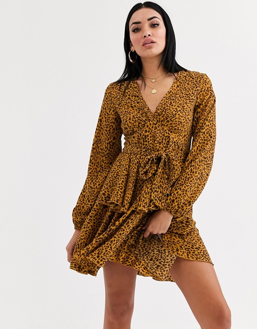 Forever U tiered mini satin dress and plunge neck in brown leo print
