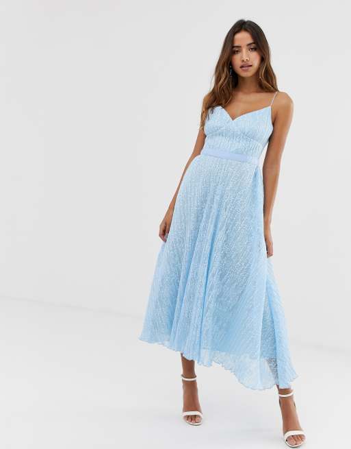 Forever U - Vestito midi blu pallido in pizzo da cerimonia con spalline sottili | ASOS