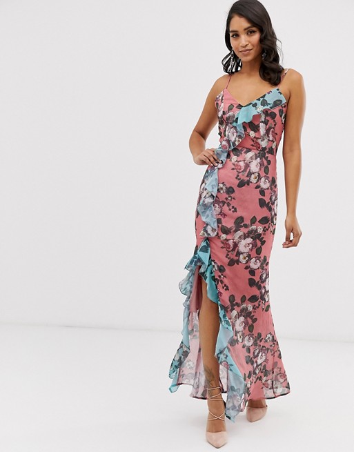 Forever U wrap front cami maxi dress with ruffle detail in floral print