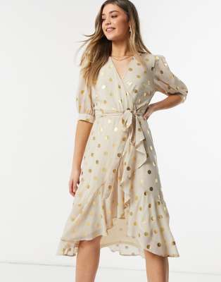 white and gold polka dot dress