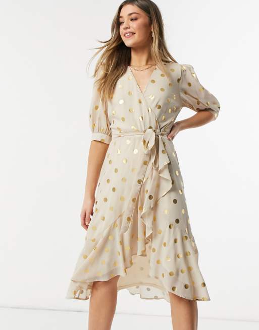 White dress with gold best sale polka dots