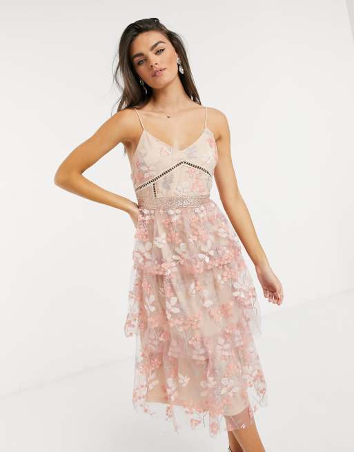 Forever Unique 3D floral midi dress in pink | ASOS