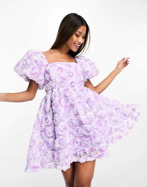 Life In Lilac 3D Floral Puff Sleeve Dress- Lilac