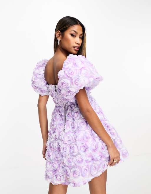 Life In Lilac 3D Floral Puff Sleeve Dress- Lilac