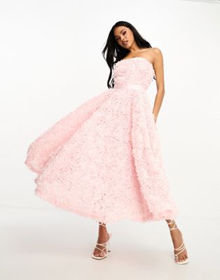 Forever Unique bandeau ruffle tie midi dress in pink