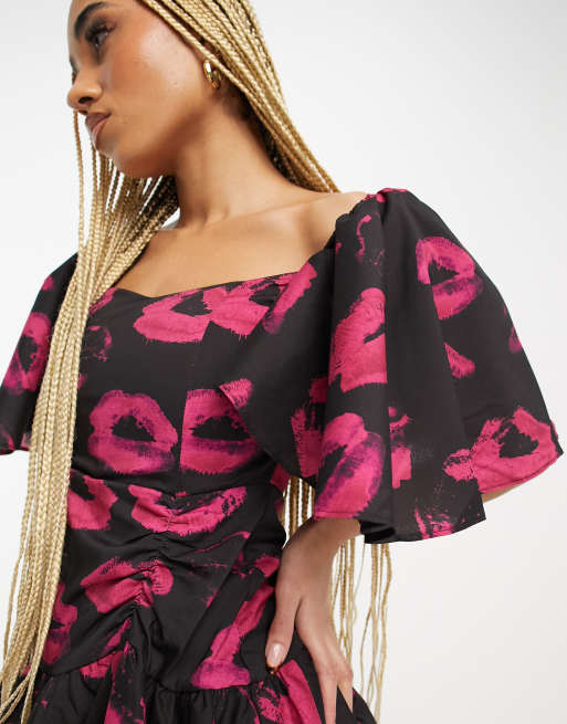 Forever unique pink 2025 printed bardot midi dress