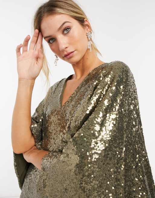 Forever Unique batwing sequin dress in khaki