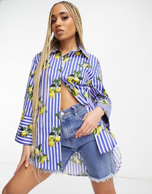 Forever Unique blue stripe and lemon print oversized shirt