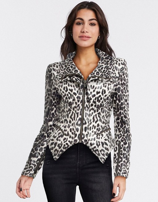 Forever Unique boxy shoulder leather jacket in leopard print