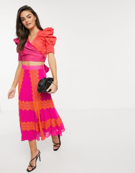 Forever Unique colourblock wrap top in pink & red - view 1