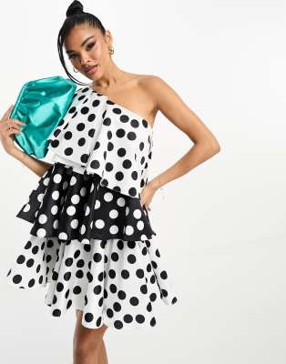 Forever Unique contrast one shoulder mini dress in polka dot-White