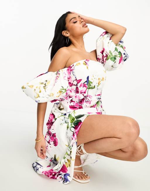 Forever Unique corset puff sleeve midi dress in floral print