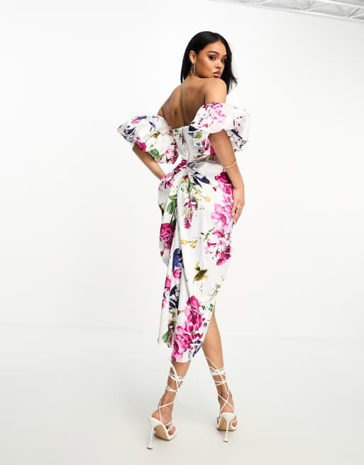 Forever Unique corset puff sleeve midi dress in floral print