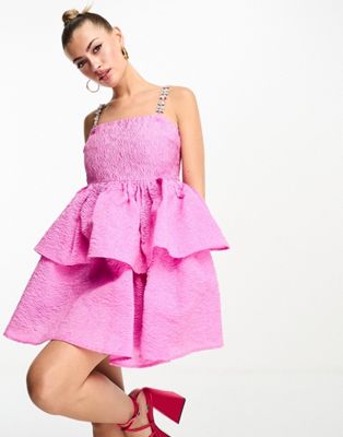 Forever Unique diamante strap tiered jacquard mini dress in pink - ASOS Price Checker