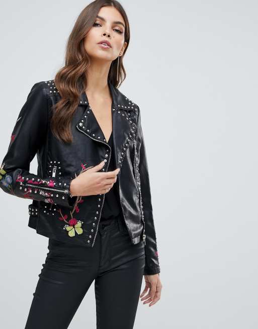 Embellished Studded Floral Embroidered Leather Jacket