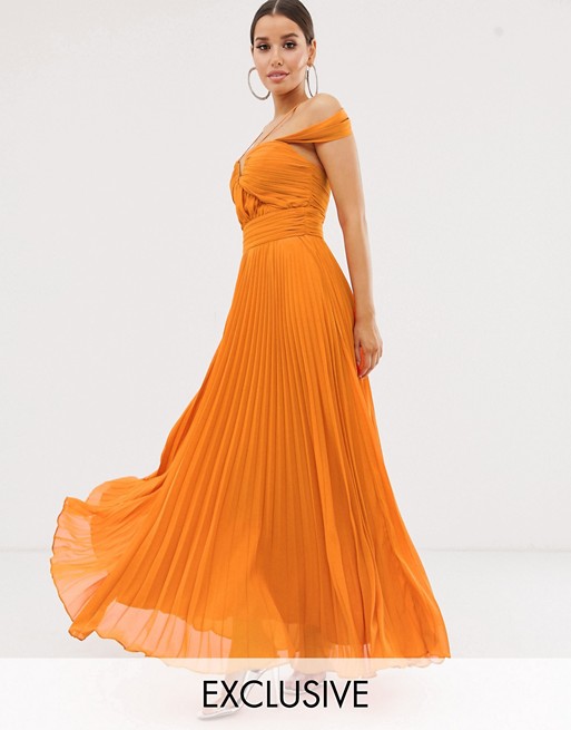Forever Unique Exclusive cold shoulder maxi gown with pleated skirt in orange