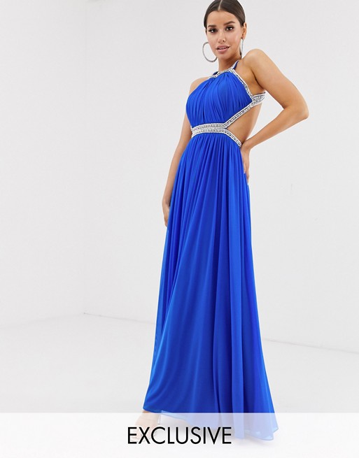 Forever Unique Exclusive embellished maxi gown with open back in cobalt
