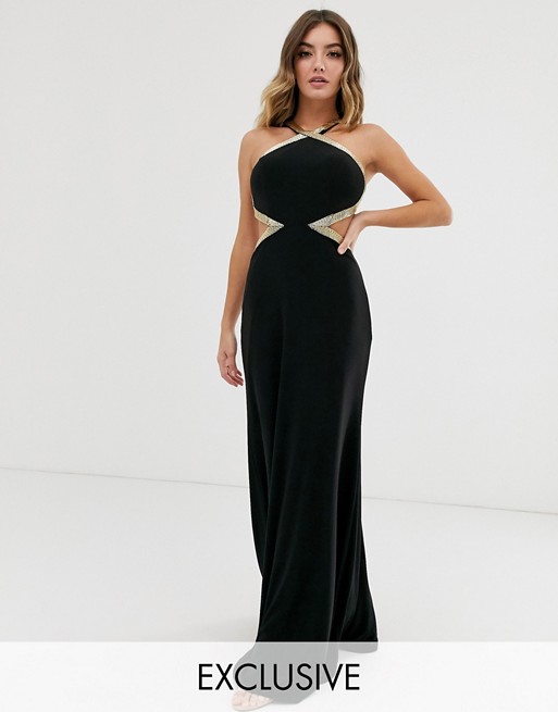 Forever Unique Exclusive high neck embellished maxi gown in black