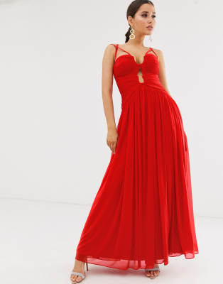 red ruched maxi dress