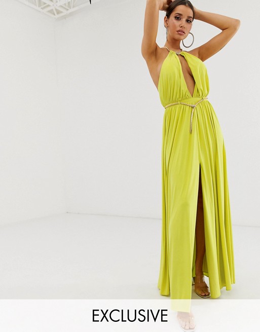 Forever Unique Exclusive slinky gown with hardware detail in lime