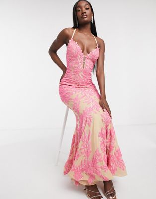 forever unique pink printed bardot midi dress
