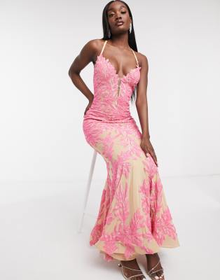 forever unique pink printed bardot midi dress