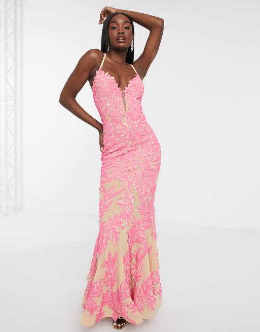 Pink lace fishtail maxi hot sale dress