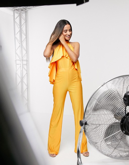 Forever Unique frill neck jumpsuit in yellow