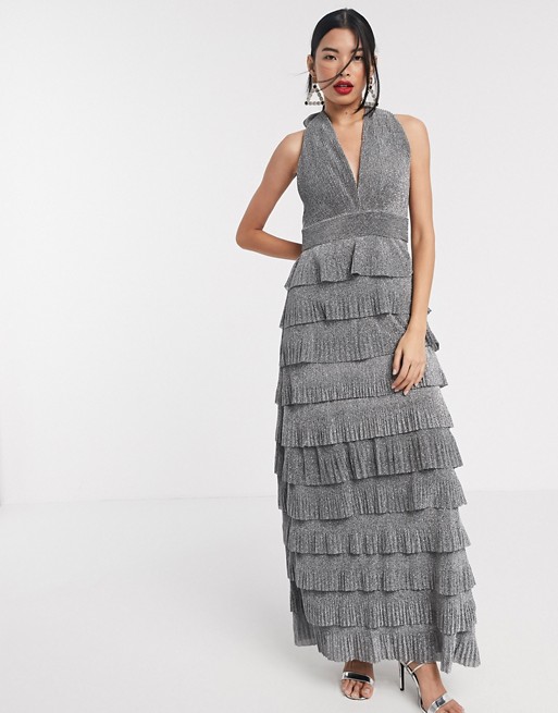Forever Unique fringe tiered maxi dress in silver