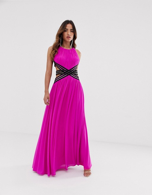 Forever Unique high neck prom maxi dress with embellishment and cut outs in fuchsia