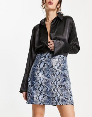 Forever Unique high waisted PU skirt in blue snake