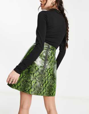 Forever Unique high waisted PU skirt in green snake