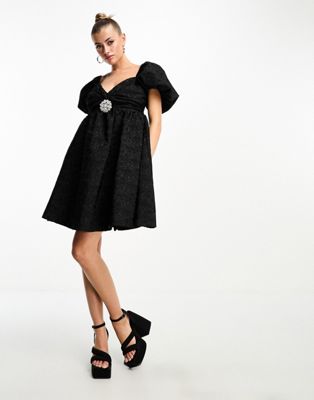 Forever Unique jacquard mini dress with embellished brooch in black - ASOS Price Checker