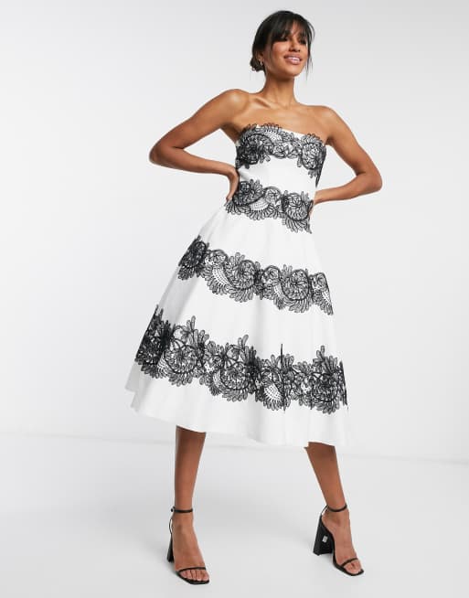 Forever Unique lace panelled midi dress in black white