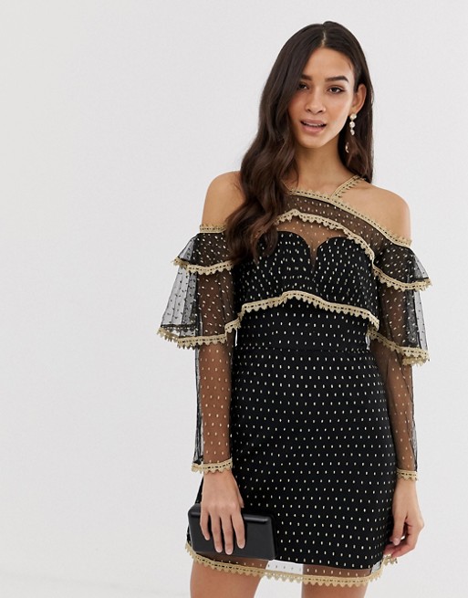 Forever Unique metallic cold shoulder dress with sheer sleeves