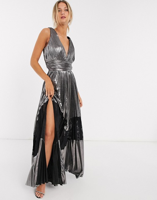 Forever Unique metallic pleated maxi dress in silver
