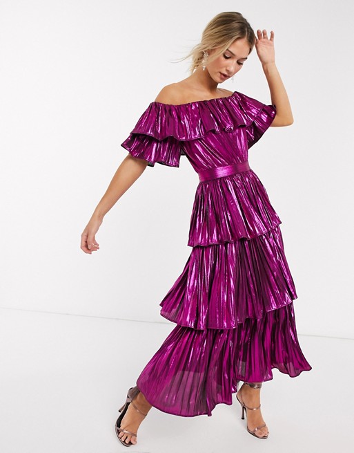 Forever Unique metallic tiered midi dress in pink