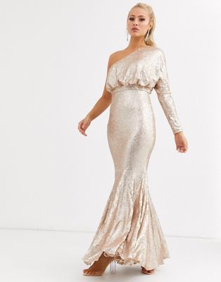 black and rose gold sequin embellished fishtail maxi dress