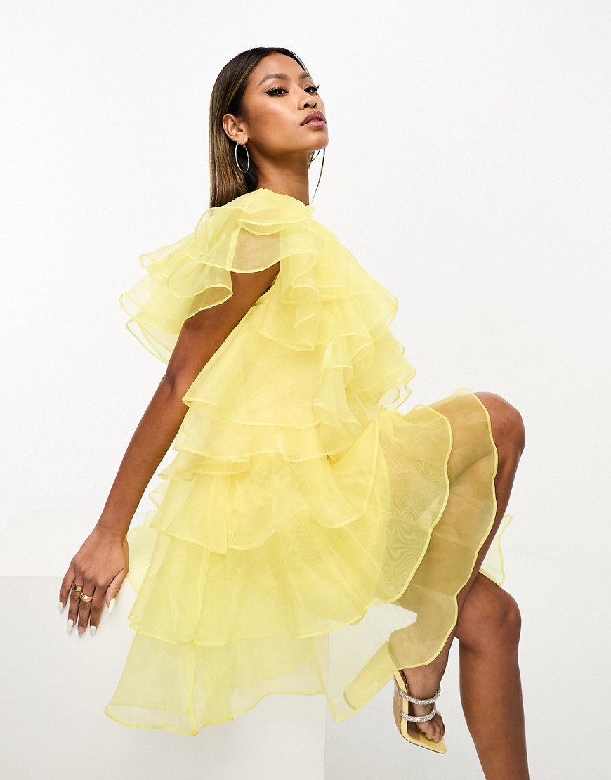 Forever Unique one shoulder organza mini dress in yellow
