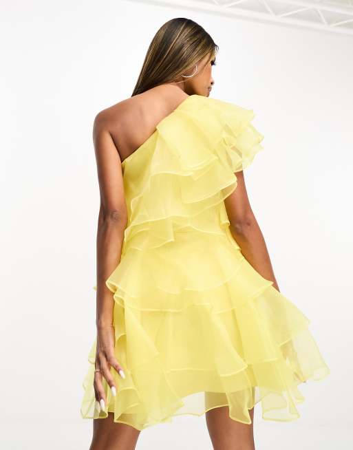 Forever Unique one shoulder organza mini dress in yellow